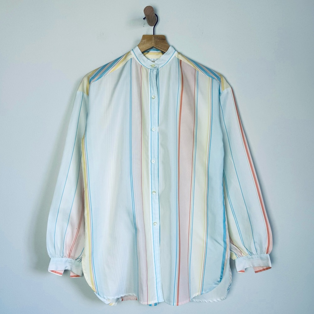 Vintage Bonwit Teller Retro Striped Collarless Satin Button-up